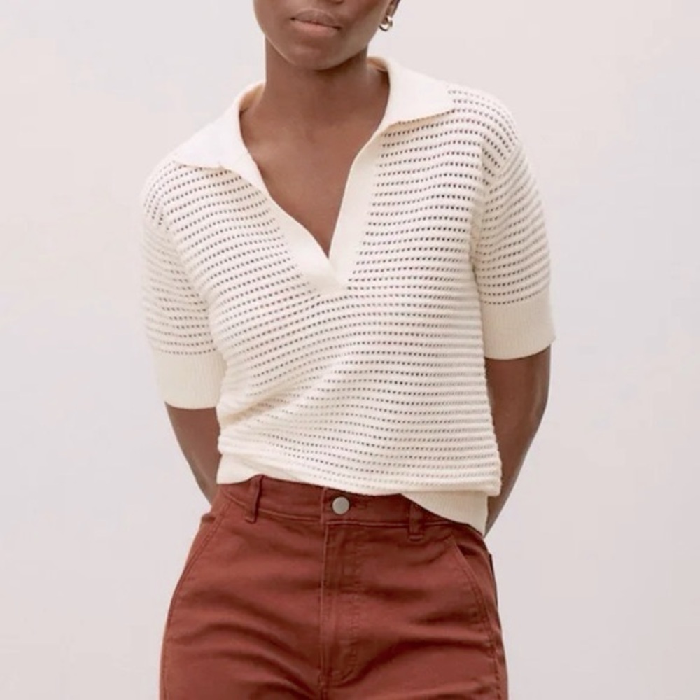 EVERLANE Perforated Short Sleeve Wool Blend Polo Sweater